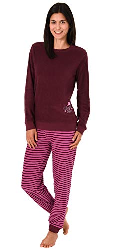 RELAX by Normann Damen Frottee Pyjama mit Bündchen, Hose gestreift, Top mit Sterne + Mond Stickerei, Farbe:Beere, Größe2:36/38 von RELAX by Normann