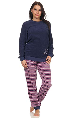 RELAX by Normann Damen Frottee Pyjama mit Bündchen - Hose gestreift, Oberteil mit Herz Motiv - 291 13 901, Farbe:Marine, Größe:40/42 von RELAX by Normann