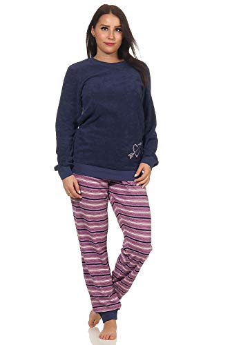 RELAX by Normann Damen Frottee Pyjama mit Bündchen - Hose gestreift, Oberteil mit Herz Motiv - 291 13 901, Farbe:Marine, Größe:44/46 von RELAX by Normann