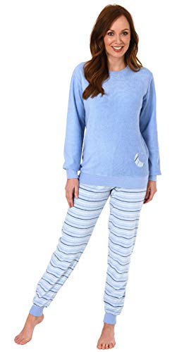 RELAX by Normann Damen Frottee Pyjama mit Bündchen - Hose gestreift, Top mit Mond und Stern Applikation, Farbe:hellblau, Größe2:36/38 von Normann