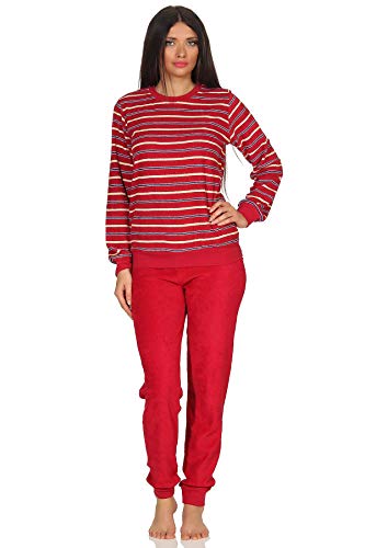 RELAX by Normann Kuscheliger Frottee Pyjama für Damen mit Bündchen und geringelten Oberteil - 291 13 772, Farbe:rot, Größe2:36/38 von RELAX by Normann