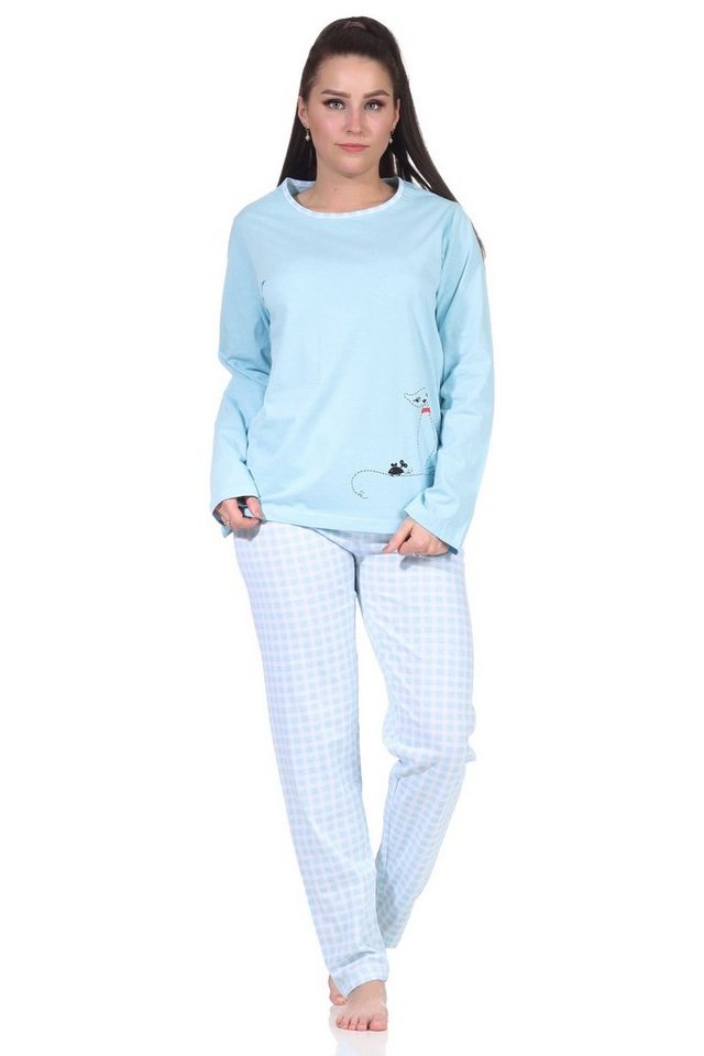 RELAX by Normann Pyjama Damen langarm Schlafanzug süsses Katzen Motiv, Karo Jersey Hose von RELAX by Normann