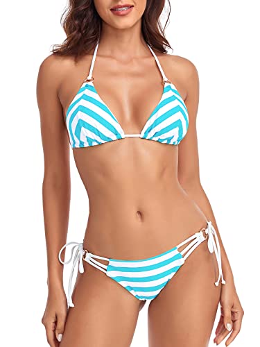 RELLECIGA Brasilianische Bikinis für Damen, mit Neckholder-String, dreieckiges Oberteil mit frecher Bikinihose, Blauer Streifen, Large von RELLECIGA