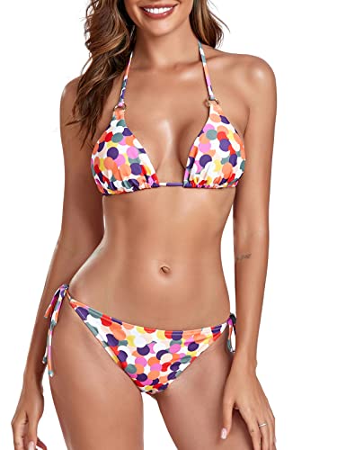 RELLECIGA Brasilianische Bikinis für Damen, mit Neckholder-String, dreieckiges Oberteil mit frecher Bikinihose, Bunt gepunktet, Medium von RELLECIGA