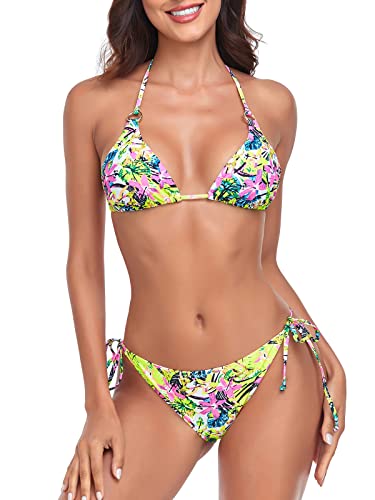 RELLECIGA Brasilianische Bikinis für Damen, mit Neckholder-String, dreieckiges Oberteil mit frecher Bikinihose, Dschungel-Druck, S von RELLECIGA