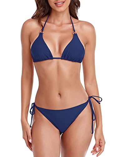 RELLECIGA Brasilianische Bikinis für Damen, mit Neckholder-String, dreieckiges Oberteil mit frecher Bikinihose, Marineblau, Medium von RELLECIGA
