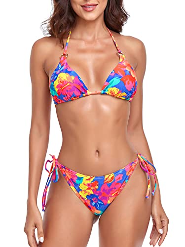 RELLECIGA Brasilianische Bikinis für Damen, mit Neckholder-String, dreieckiges Oberteil mit frecher Bikinihose, Mehrfarbiges Blumenmuster, Large von RELLECIGA