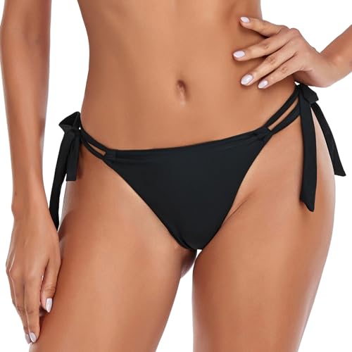 RELLECIGA Damen Bademode Bikinihose Tanga-Unterteil Verstellbar mit Schnürchen Thong Bottom Schwarz L von RELLECIGA