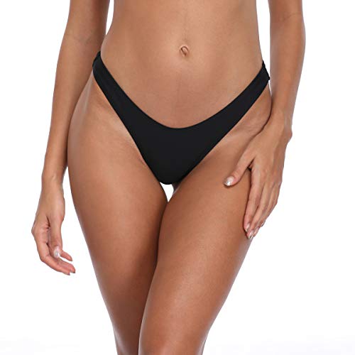 RELLECIGA Damen Bademode Bikinihose Unterteil High Cut Thong Bottom Schwarz M von RELLECIGA