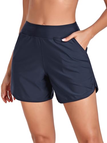 RELLECIGA Damen Badeshorts mit hoher Taille mit Taschen UV-Sonnenschutz Boardshorts für Frauen, Marineblau, XL von RELLECIGA