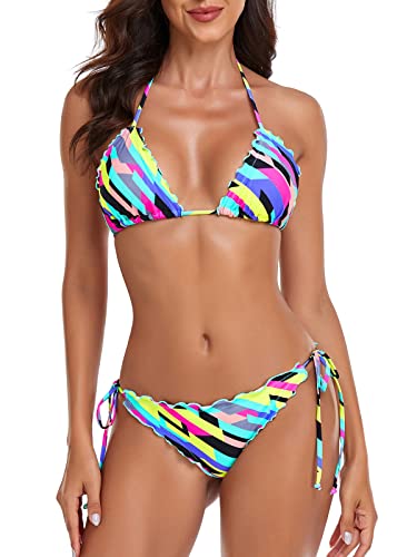 RELLECIGA Damen Bikini-Set, gewellt, dreieckig, brasilianische Bademode, Neon gestreift, Medium von RELLECIGA