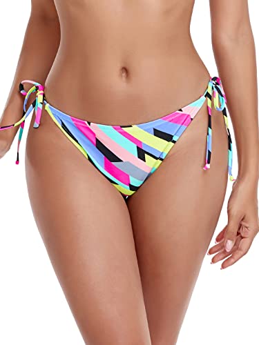 RELLECIGA Damen Bikinihose, frecher Hoher Schnitt, seitlich gebunden, Bikinihose, Neon gestreift, S von RELLECIGA