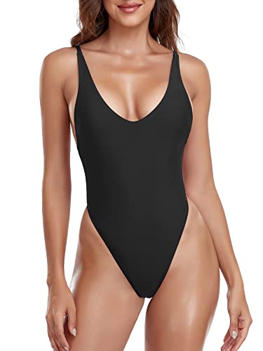 RELLECIGA Damen Einteiliger Tanga-Badeanzug, Schwarz, Medium von RELLECIGA