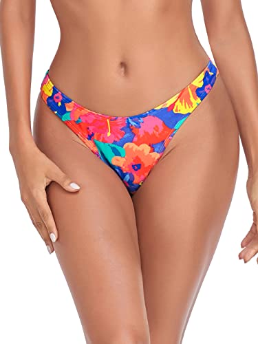 RELLECIGA Damen High Cut Tanga Bikinihose, Mehrfarbiges Blumenmuster, Medium von RELLECIGA