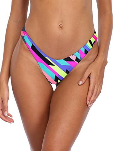 RELLECIGA Damen High Cut Thong Bikinihose, Neon gestreift, Large von RELLECIGA