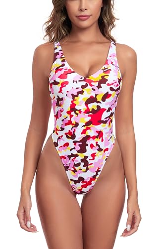 RELLECIGA Damen Monokini One-Piece String Thong Bikini High Cut Badeanzug Pink Camouflage L von RELLECIGA