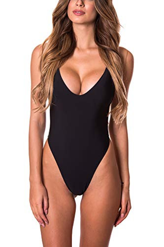 RELLECIGA Damen Monokini One-Piece String Thong Bikini High Cut Badeanzug Schwarz XL RELLECIGA Damen Monokini One-Piece String Thong Bikini High Cut Badeanzug Schwarz XL von RELLECIGA