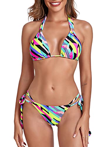 RELLECIGA Damen Triangel Bikini Set, Neon gestreift, Medium von RELLECIGA