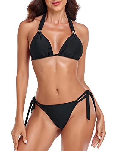 RELLECIGA Triangel-Bikini-Set für Damen, Push-Up-Stringtanga, 2-teiliger Badeanzug, Schwarz, S von RELLECIGA