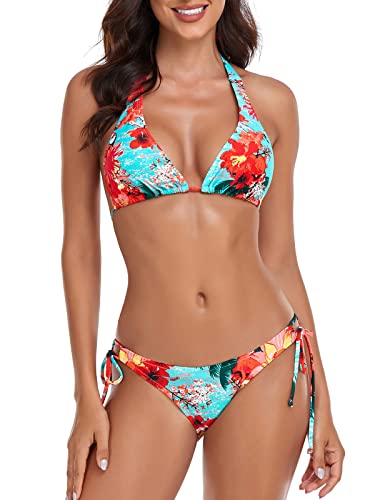 RELLECIGA Damen Triangle Bikinis für Frauen Halfter String Top mit Bindeband Seite Bikini Unterteil, Blau floral, S von RELLECIGA