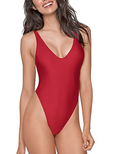 RELLECIGA Einteiliger Damen-Badeanzug mit Tanga, rot, matt, Medium von RELLECIGA