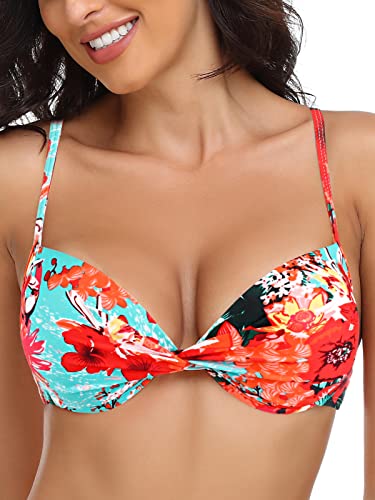 RELLECIGA Women's Push Up Bikini Top Twist Front Underwire Bathing Suit (Large, Blue Floral, l) von RELLECIGA