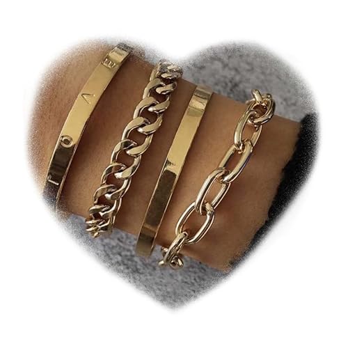 RELOVET 4-teiliges Armband, klobige Glieder, Gold, offene Manschette, Wickelarmband, Liebesarmreif, mehrere Boho-Armbänder, Münzanhänger-Set für Frauen (Gold) von RELOVET