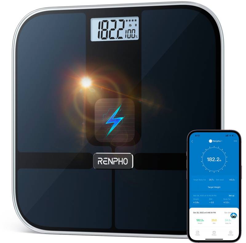 RENPHO Körper-Analyse-Waage Elis Solar 2 Smart Body Scale A020, Smarte Solar-Körperanalysewaage mit 13 Körpermessungen von RENPHO