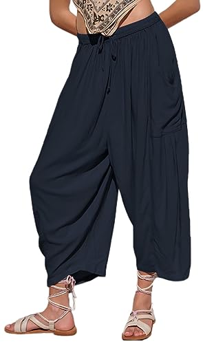 REOCHEL Damen Weite Bein Palazzo Harem Yogahose Casual Lose Strand Pilates Lounge Hose mit Taschen, Marineblau, M von REOCHEL