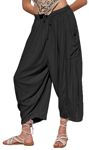 REOCHEL Damen Weite Bein Palazzo Harem Yogahose Casual Lose Strand Pilates Lounge Hose mit Taschen, Schwarz, S von REOCHEL