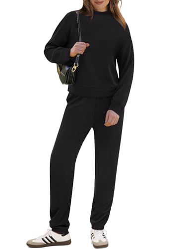REORIA Damen Basic Rollkragen Jogginganzug Zweiteiler Trainingsanzug Hausanzug Sport Set Elegantes Outfit Lounge Set Schwarz L von REORIA
