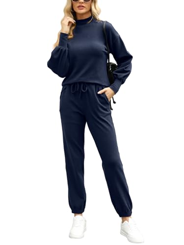 REORIA Damen Baumwolle Hausanzug Trainingsanzüge mit Rollkragen Langarm-Jogginganzug Activewear Workout Set Sport Outfit mit Tasche Marineblau M von REORIA