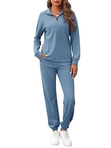 REORIA Damen Baumwolle Jogginganzug Halber Reißverschluss Tracksuits Henley Ausschnitt Zweiteiler Langarm Trainingsanzug Hausanzug Sport Set Lounge Set Grau Blau XXL von REORIA