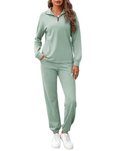 REORIA Damen Baumwolle Jogginganzug Halber Reißverschluss Tracksuits Henley Ausschnitt Zweiteiler Langarm Trainingsanzug Hausanzug Sport Set Lounge Set Grün Blau M von REORIA