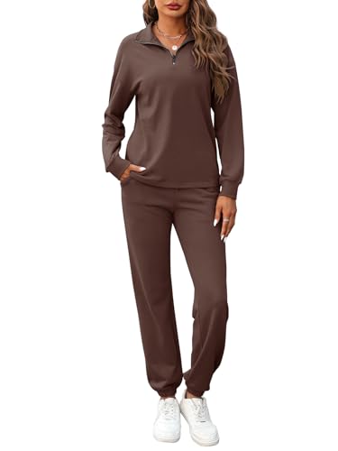 REORIA Damen Baumwolle Jogginganzug Halber Reißverschluss Tracksuits Henley Ausschnitt Zweiteiler Langarm Trainingsanzug Hausanzug Sport Set Lounge Set Kaffee S von REORIA
