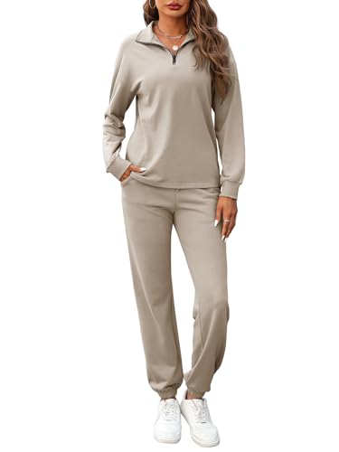 REORIA Damen Baumwolle Jogginganzug Halber Reißverschluss Tracksuits Henley Ausschnitt Zweiteiler Langarm Trainingsanzug Hausanzug Sport Set Lounge Set Khaki L von REORIA