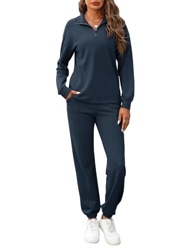 REORIA Damen Baumwolle Jogginganzug Halber Reißverschluss Tracksuits Henley Ausschnitt Zweiteiler Langarm Trainingsanzug Hausanzug Sport Set Lounge Set Marineblau XXL von REORIA