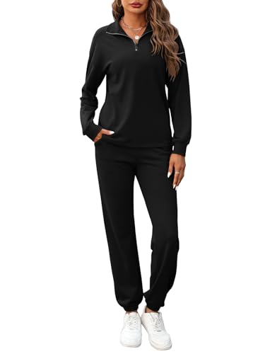 REORIA Damen Baumwolle Jogginganzug Halber Reißverschluss Tracksuits Henley Ausschnitt Zweiteiler Langarm Trainingsanzug Hausanzug Sport Set Lounge Set Schwarz M von REORIA