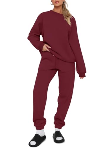 REORIA Damen Baumwolle Jogginganzug Rundhals Zweiteiler Übergröße Langarm Trainingsanzug Hausanzug Sport Set Lounge Set Mit Fleecefutter Burgund XXL von REORIA