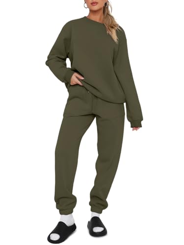 REORIA Damen Baumwolle Jogginganzug Rundhals Zweiteiler Übergröße Langarm Trainingsanzug Hausanzug Sport Set Lounge Set Mit Fleecefutter Dunkelgrün XL von REORIA