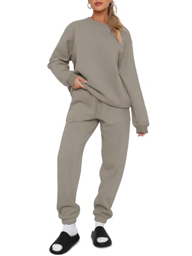 REORIA Damen Baumwolle Jogginganzug Rundhals Zweiteiler Übergröße Langarm Trainingsanzug Hausanzug Sport Set Lounge Set Mit Fleecefutter Grau Grün XL von REORIA