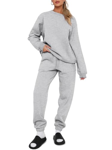 REORIA Damen Baumwolle Jogginganzug Rundhals Zweiteiler Übergröße Langarm Trainingsanzug Hausanzug Sport Set Lounge Set Mit Fleecefutter Hellgrau XL von REORIA