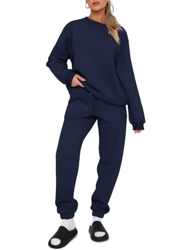 REORIA Damen Baumwolle Jogginganzug Rundhals Zweiteiler Übergröße Langarm Trainingsanzug Hausanzug Sport Set Lounge Set Mit Fleecefutter Marineblau M von REORIA