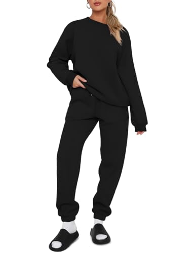 REORIA Damen Baumwolle Jogginganzug Rundhals Zweiteiler Übergröße Langarm Trainingsanzug Hausanzug Sport Set Lounge Set Mit Fleecefutter Schwarz L von REORIA