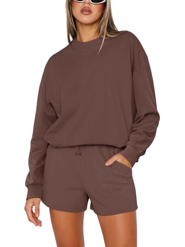 REORIA Damen Baumwolle Jogginganzug Rundhals Zweiteiler Übergröße Langarm Trainingsanzug Hausanzug Sport Set Sweatshirt und Shorts Lounge Set Kaffee M von REORIA