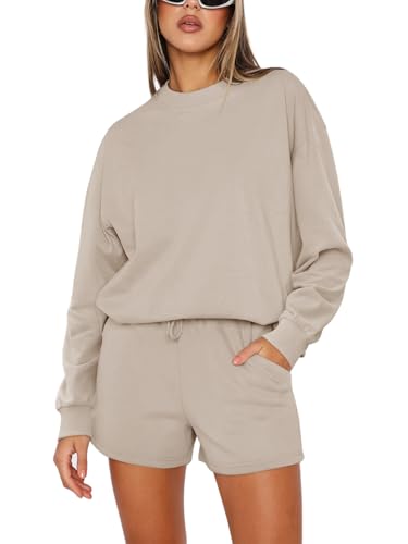 REORIA Damen Baumwolle Jogginganzug Rundhals Zweiteiler Übergröße Langarm Trainingsanzug Hausanzug Sport Set Sweatshirt und Shorts Lounge Set Khaki S von REORIA