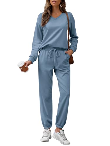 REORIA Damen Baumwolle Jogginganzug V-Ausschnitt Zweiteiler Elegant Langarm Trainingsanzug Hausanzug Sport Set Lounge Set Grau Blau L von REORIA