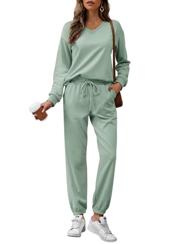 REORIA Damen Baumwolle Jogginganzug V-Ausschnitt Zweiteiler Elegant Langarm Trainingsanzug Hausanzug Sport Set Lounge Set Grün Blau S von REORIA