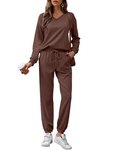 REORIA Damen Baumwolle Jogginganzug V-Ausschnitt Zweiteiler Elegant Langarm Trainingsanzug Hausanzug Sport Set Lounge Set Kaffee S von REORIA