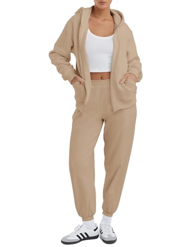 REORIA Damen Baumwolle Jogginganzug V-Ausschnitt Zweiteiler Elegant Langarm Trainingsanzug Hausanzug Sport Set Lounge Set Khaki L von REORIA